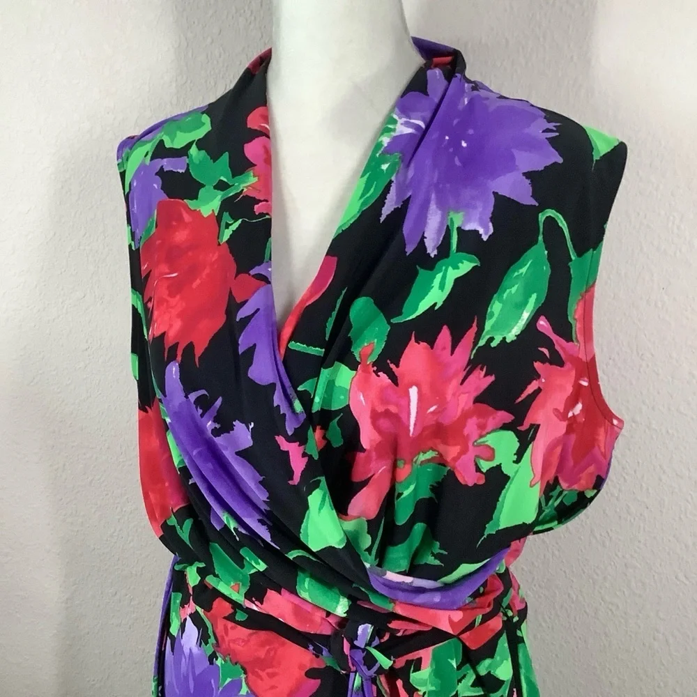 LAUREN Ralph Lauren Sleeveless Dress 1X Faux Wrap Dark Floral Work Wedding - Picture 4 of 14